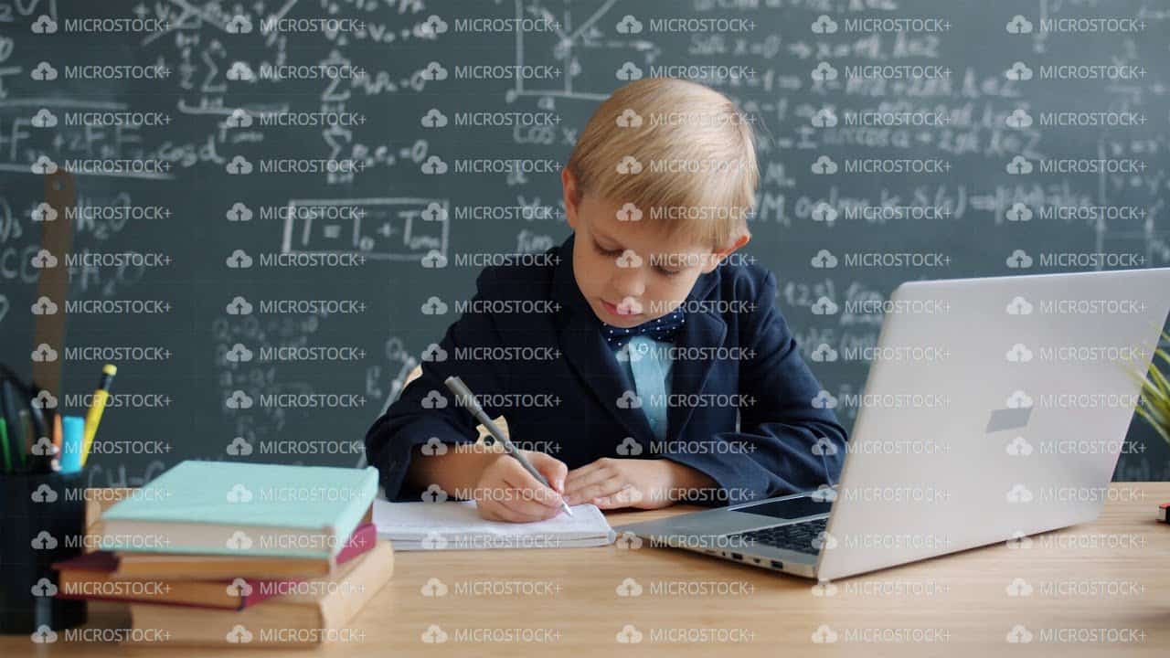 Serious little boy using computer studying online at school concentrated on education